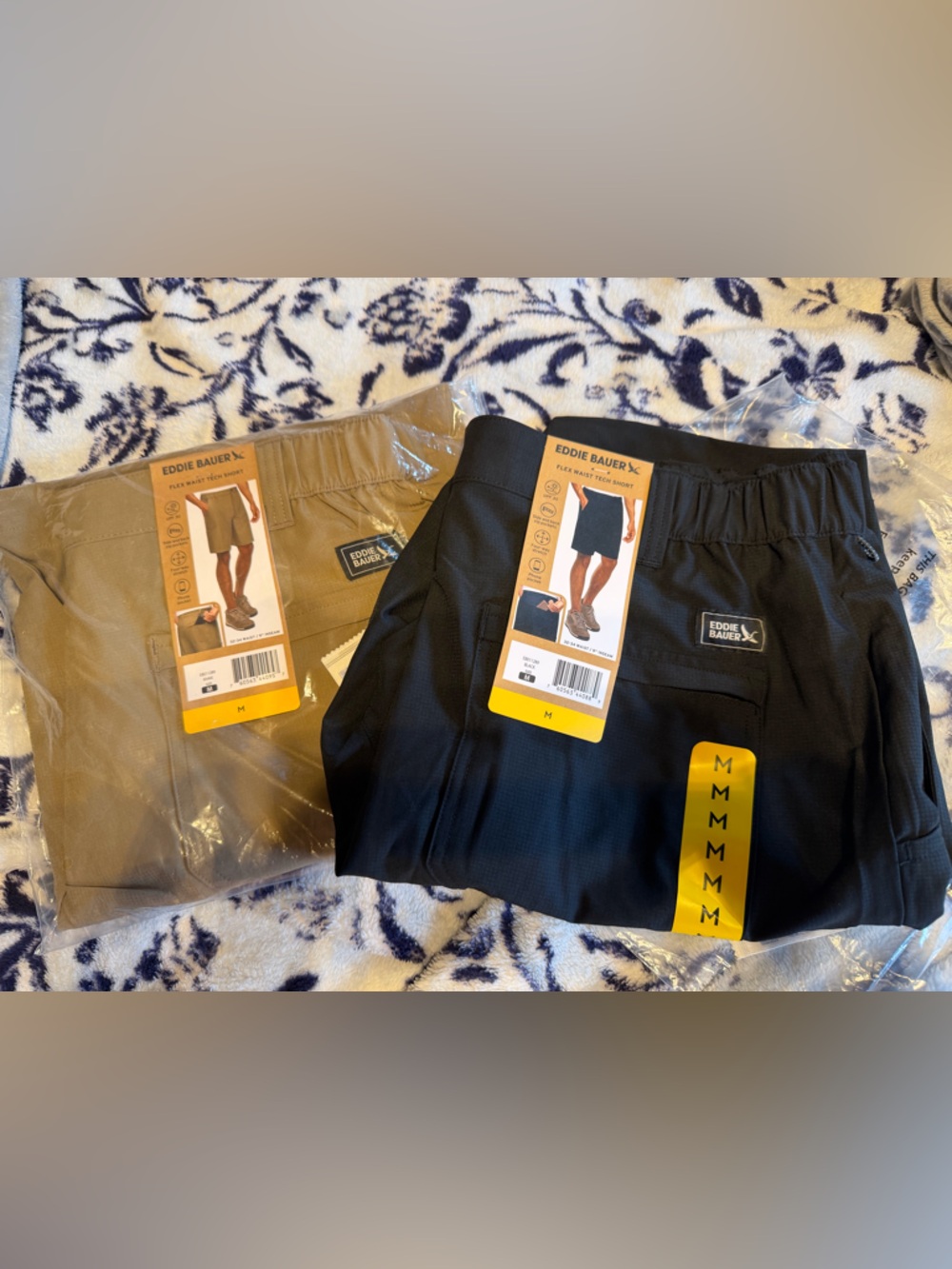 (2) pair Eddie Bauer Men’s Tech Shorts- black/khaki NWT 32/34 waist